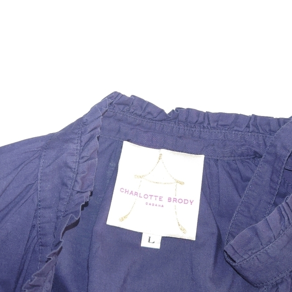 Charlotte Brody Cotton Tie Neck Long Sleeves Blouse Size L In Navy Blue - Picture 2 of 8